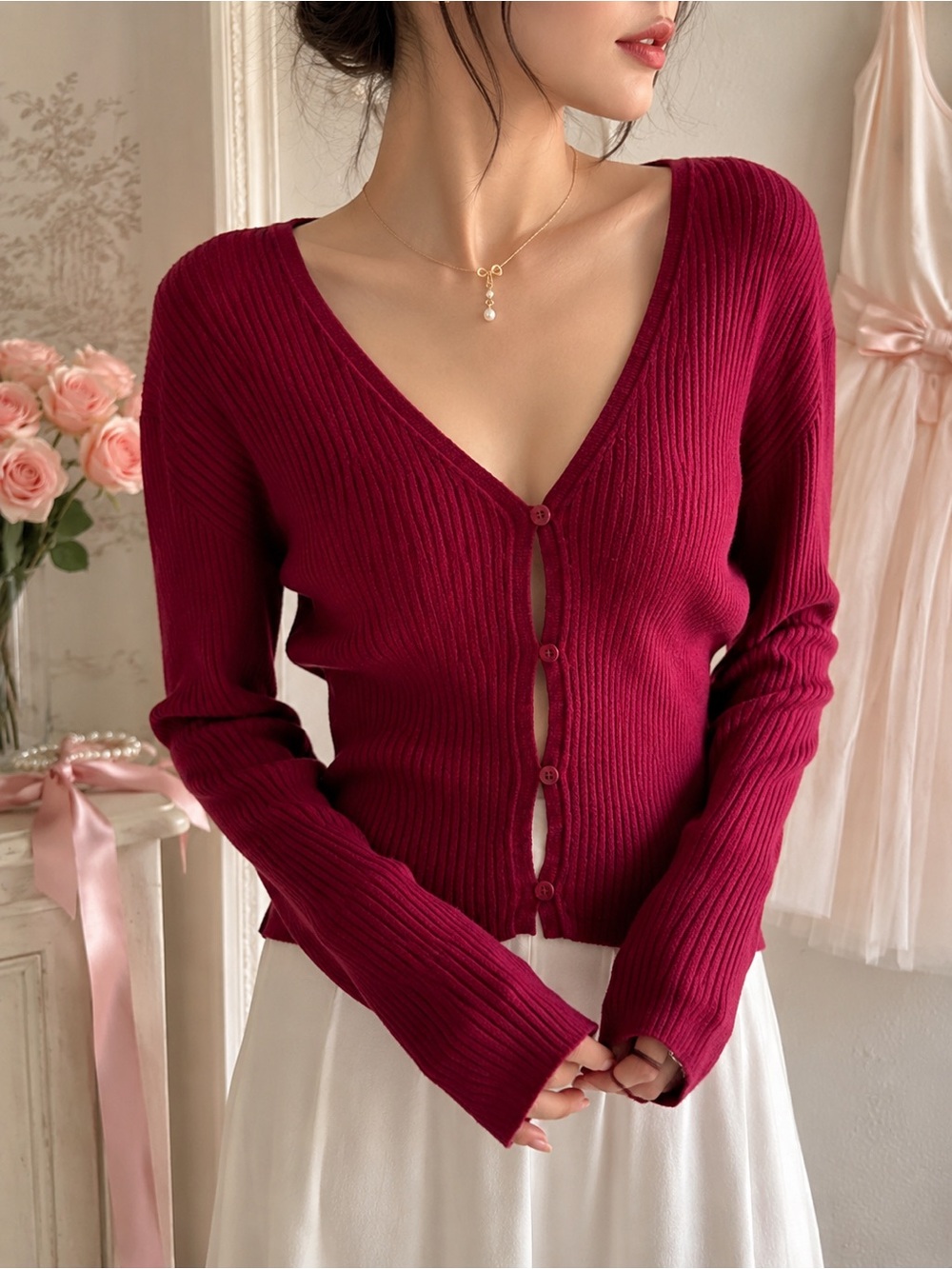 Romantic Casual Ribbed Cardigan Quiet Luxury Balletcore